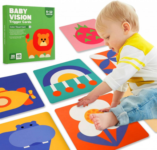 Set 40 imagini stimulare vizuala si senzoriala bebelusi, carduri color, 6-12 luni