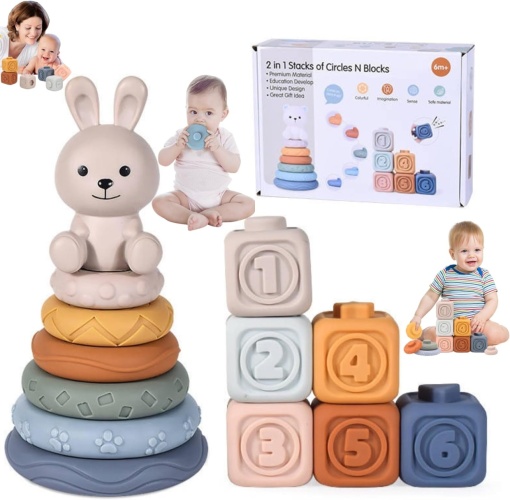 Set de joaca 2 in 1 cuburi moi si inele de stivuire, Iepuras