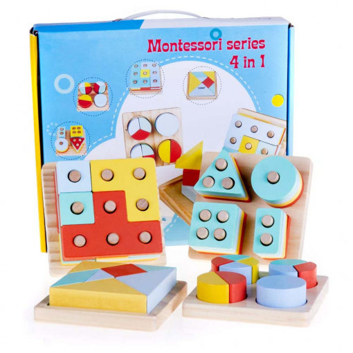 Set de Joaca Montessori 4 in 1 din Lemn, 48 piese