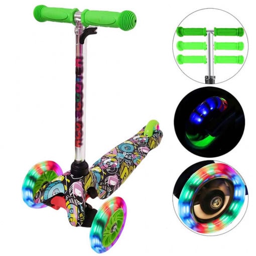 Trotineta reglabila cu 3 roti cu luminite multicolore, Verde