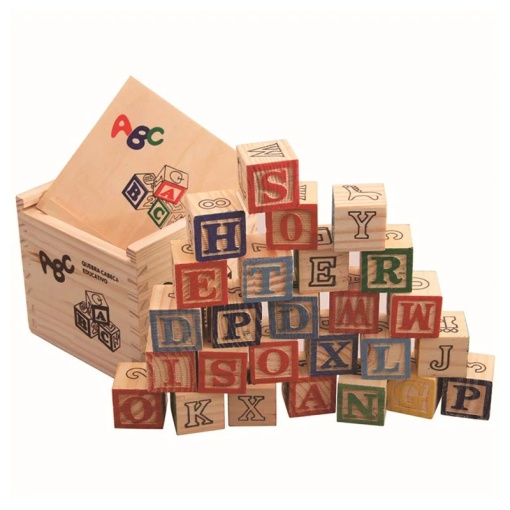Set 48 cuburi de constructie din lemn in cutie, ABC