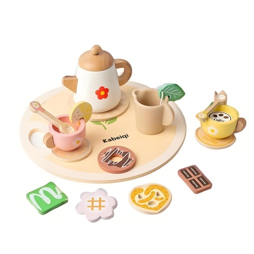 Set de ceai din lemn cu tava si accesorii - 18 piese - Bej