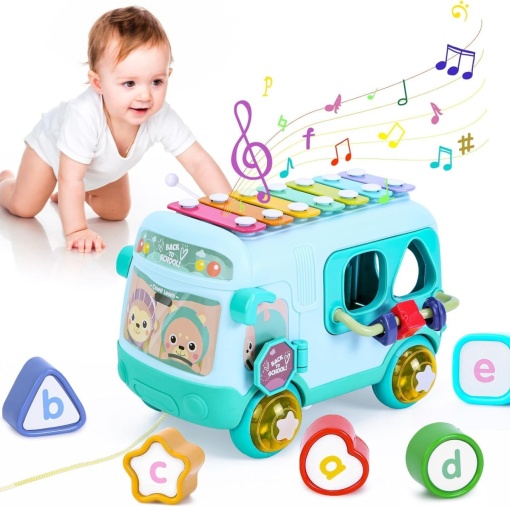 Autobuz interactiv cu xilofon, functii de sortare si jucarii detasabile, Albastru