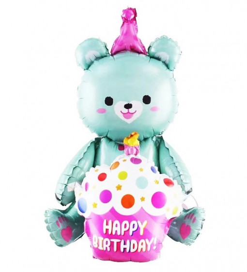 Balon din folie, Ursulet, Happy Birthday, 97x77 cm, Verde menta