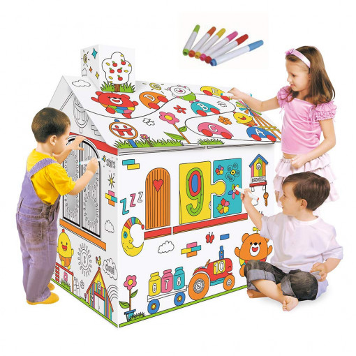 Casuta Vesela din carton de asamblat, colorat si pictat