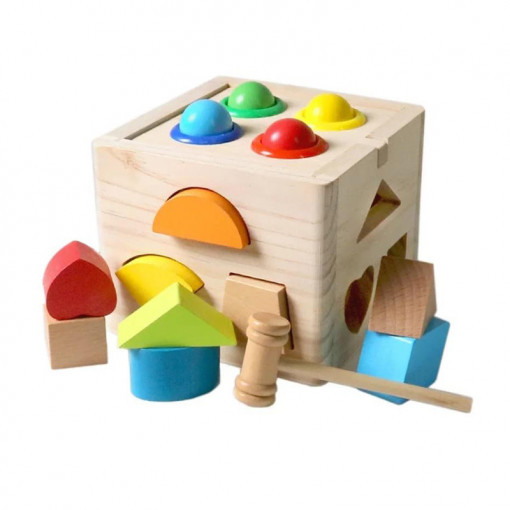 Cub Montessori cu ciocanel si forme geometrice
