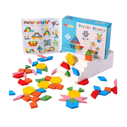 Joc de constructie Tangram din lemn cu 60 piese