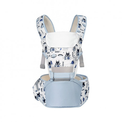 Marsupiu ergonomic 6 in 1 cu scaunel sustinere si buzunar lateral, Print, Albastru