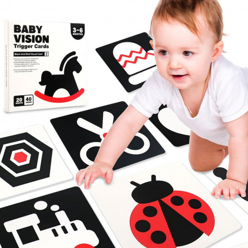 Set 40 imagini stimulare vizuala si senzoriala bebelusi, carduri alb, negru, rosu, 3-6 luni