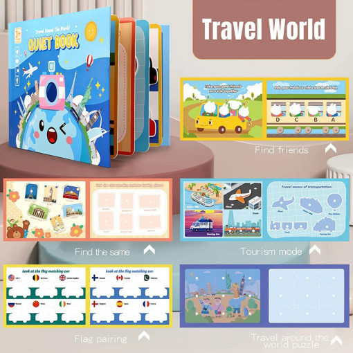 Carte educativa cu activitati, reutilizabila, Calatorie in jurul lumii