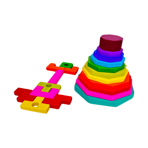 Joc de stivuire si sortare Montessori tip piramida din lemn, Forme Geometrice