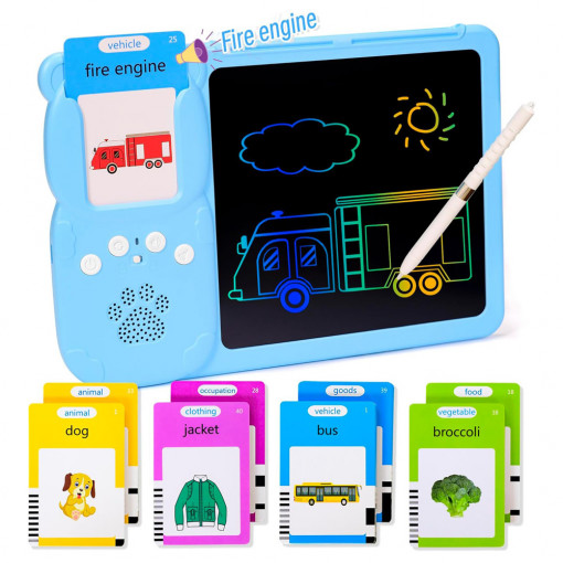 Joc educativ 2 in 1 cititor de carduri cu redare sunet si tableta de scris LCD, 224 cuvinte, Limba engleza, Ursulet, Albastru
