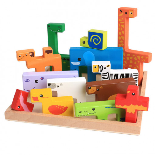 Puzzle din lemn tip Tetris, animalute safari