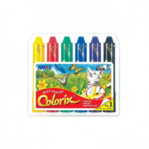 Set 6 creioane cerate 3 in 1, cutie PVC, culori diferite, Amos