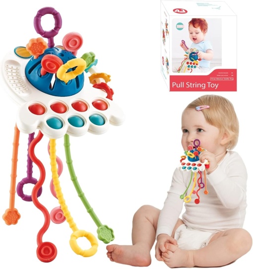 Jucarie motrica 4 in 1 cu elemente senzoriale si dentitie, Pull string