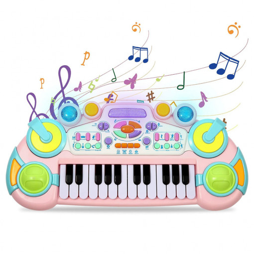 Jucarie muzicala pianina cu luminite si functie inregistrare, 24 clape, roz