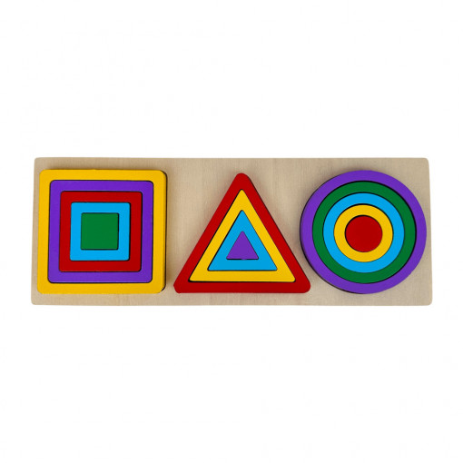 Puzzle incastru din lemn, Invatam forme si culori, 3 randuri, Curcubeu