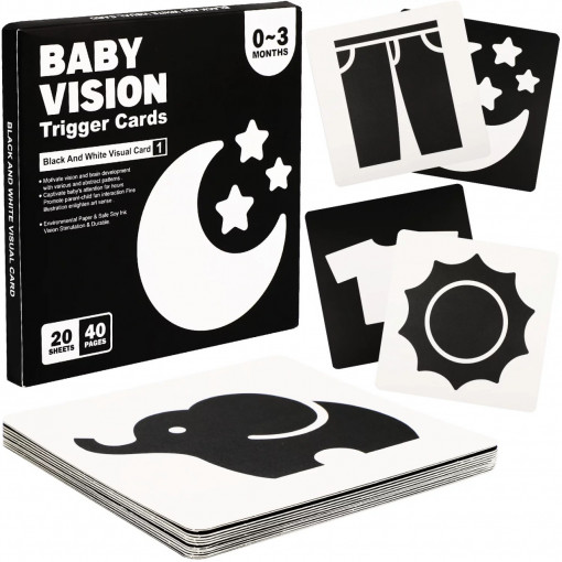 Set 40 imagini stimulare vizuala si senzoriala bebelusi, carduri alb-negru, 0-3 luni