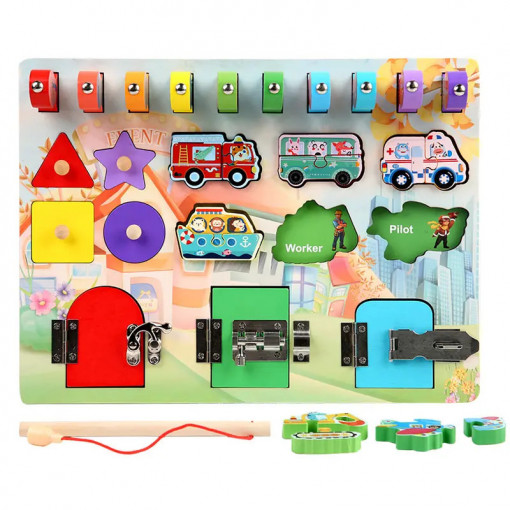 Busy Board din Lemn cu Multiple Activitati, Vehicule, Forme si Incuietori