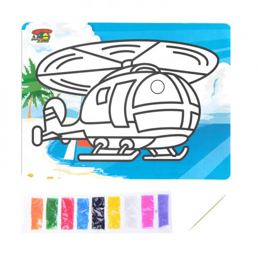 Desen cu nisip colorat, 9 culori, Elicopter pe plaja