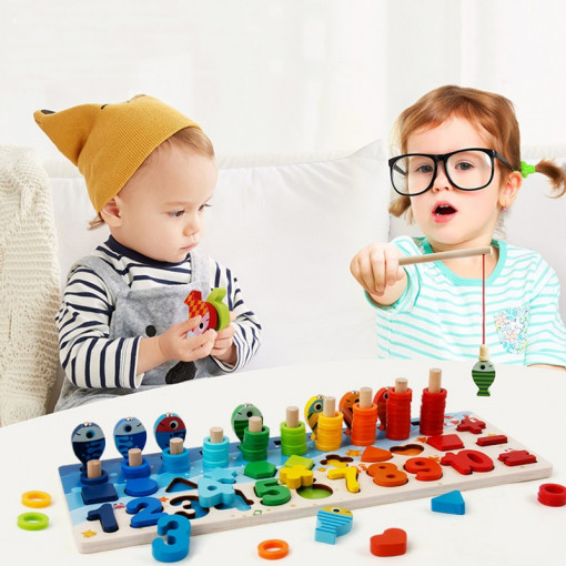 Joc Montessori din lemn cu 4 activitati, pestisori