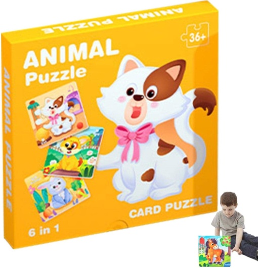 Puzzle 6 in 1 cu piese mari si imagine asociere, Animale