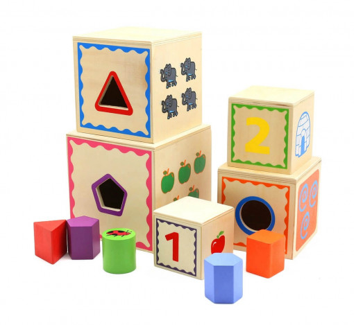Turn Montessori din Lemn cu 5 Cuburi, Cifre si Forme de Sortat
