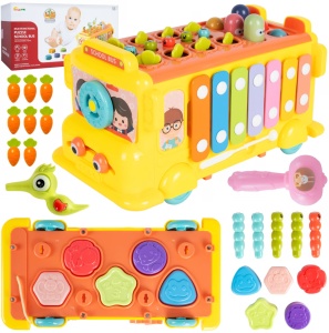 Autobuz educativ multifunctional cu xilofon, sortator de forme, morcovi si joc cu ciocanel