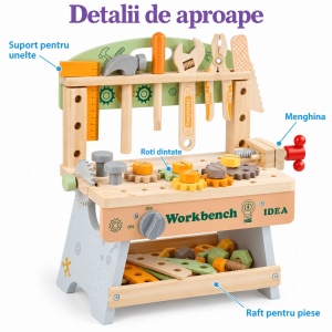 Banc de lucru din lemn WorkBench Idea, cu unelte, menghina si piese de constructie - Img 6