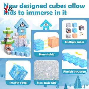 Blocuri magnetice de constructie 3D tip Minecraft, 2 cm - 124 piese - Iarna - Img 3