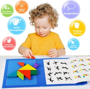 Carte magnetica puzzle Tangram 7 piese mari, 96 modele, Alb