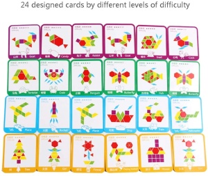 Joc de constructie Tangram din lemn cu 155 piese