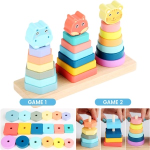 Joc de sortat si stivuit pe 3 coloane, Animalute colorate, pastel, 21 forme