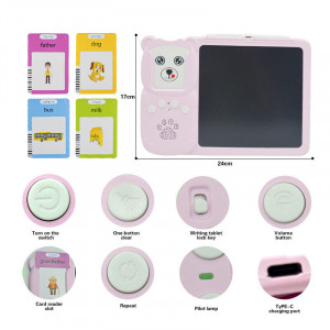 Joc educativ 2 in 1 cititor de carduri cu redare sunet si tableta de scris LCD, 224 cuvinte, Limba engleza, Ursulet, Roz