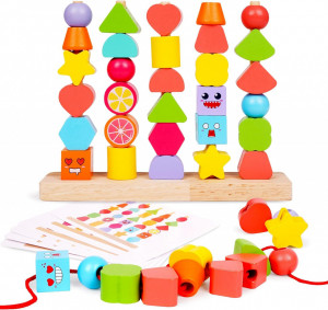 Joc educativ de stivuire cu 5 coloane din lemn, Bead String