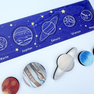 Joc educativ in limba romana, puzzle din lemn cu planetele Sistemului Solar