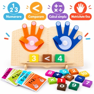 Joc educativ matematic din lemn, Primele calcule, cu palme din fetru si carduri - Img 5
