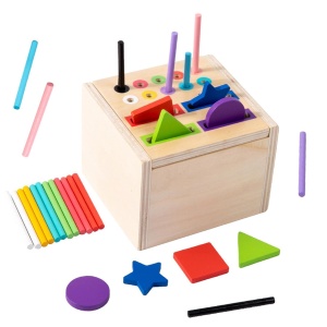 Joc educativ multifunctional 2 in 1 cutia permanentei cu forme si bete
