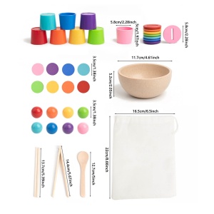 Joc Montessori din lemn pentru sortarea culorilor, cu 8 cupe, bile, jetoane si accesorii - Img 7
