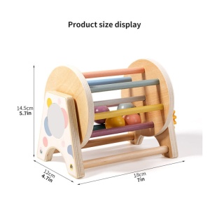 Jucarie Montessori tambur 3 in 1 cu 4 bilute colorate, rotite si oglinda