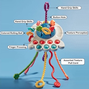 Jucarie motrica 4 in 1 cu elemente senzoriale si dentitie, Pull string