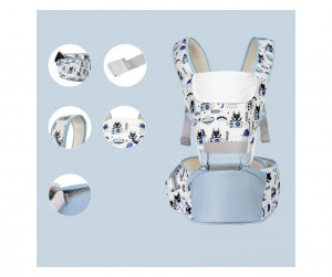Marsupiu ergonomic 6 in 1 cu scaunel sustinere si buzunar lateral, Print, Albastru