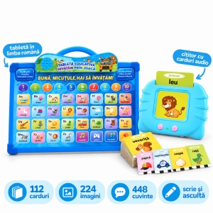 Pachet educativ cu tableta 2 in 1 in limba romana si cititor de carduri bilingv – Litere, cuvinte si scriere