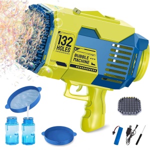 PIstol cu baloane colorate, 2 capete interschimbabile 132/73 orificii, acumulator, lumini, rezerve lichid, Bubble Gun, Verde