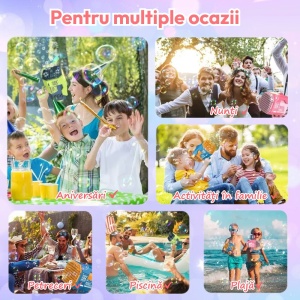 PIstol cu baloane colorate, 2 capete interschimbabile 132/73 orificii, acumulator, lumini, rezerve lichid, Bubble Gun, Albastru