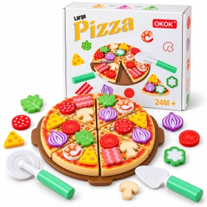 Pizza din lemn de feliat cu arici, toppinguri si accesorii, 27 piese