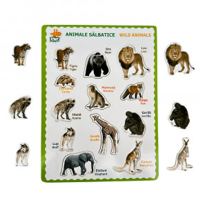Puzzle bilingv din lemn, Limba Romana si Engleza, Animale Salbatice