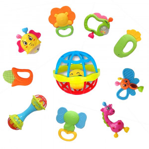 Set 10 jucarii zornaitoare din silicon cu forme si texturi diferite, multicolor