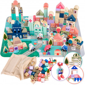 Set 115 piese de constructie din lemn cu plansa, Orasel