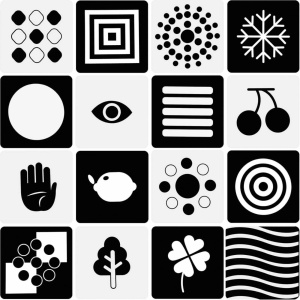 Set 32 imagini stimulare vizuala si senzoriala bebelusi, carduri alb-negru, 0-3 luni